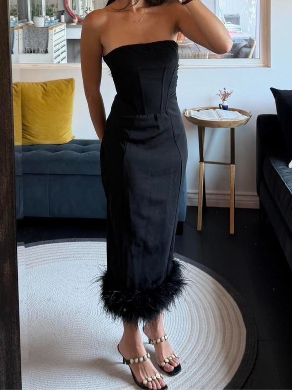 Dolls Kill Strapless Black Feather-Hem Midi Dress - (M)